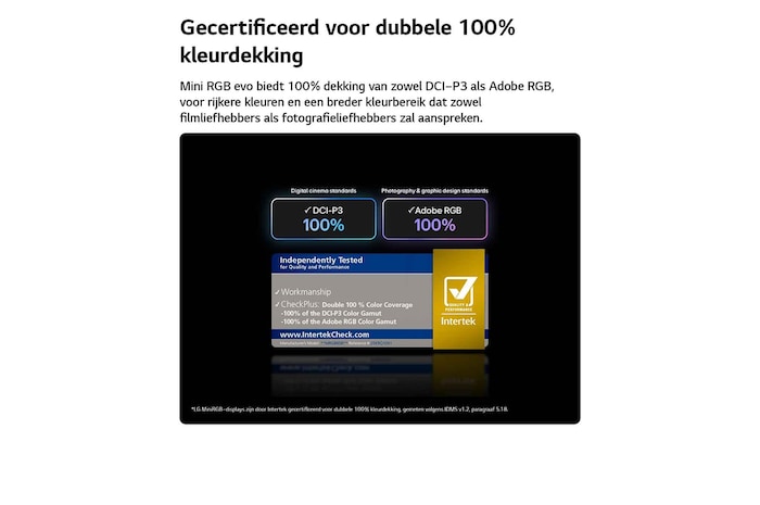 RGB Primary Color Pro, dat wordt gebruikt in de LG Mini RGB evo AI MRGB88, toont een gesplitst beeld waarin de conventionele LED-kleuren aan de linkerkant worden vergeleken met helderdere, meer verzadigde gebouwen aan de rechterkant, waarmee de 100% DCI-P3- en 100% Adobe RGB-dekking worden benadrukt.
